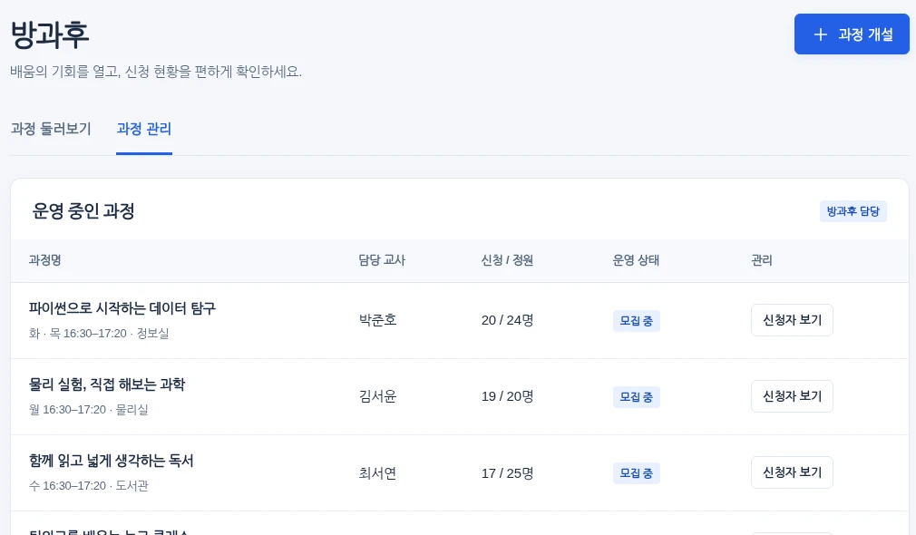 방과후 과정 관리 및 신청 현황 화면