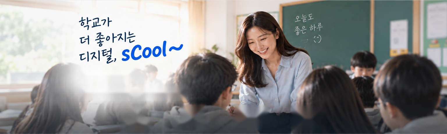 넓은 교실에서 학생을 지도하는 선생님. 이미지 속 손글씨: 학교가 더 좋아지는 디지털, sCool~